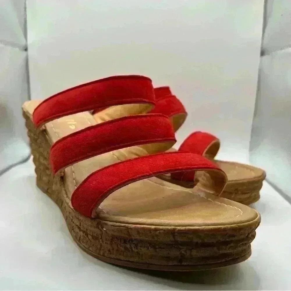 Mariella Beige Slide Wedge‎ Platform Red Straps Women Size 9 SKU #4590
